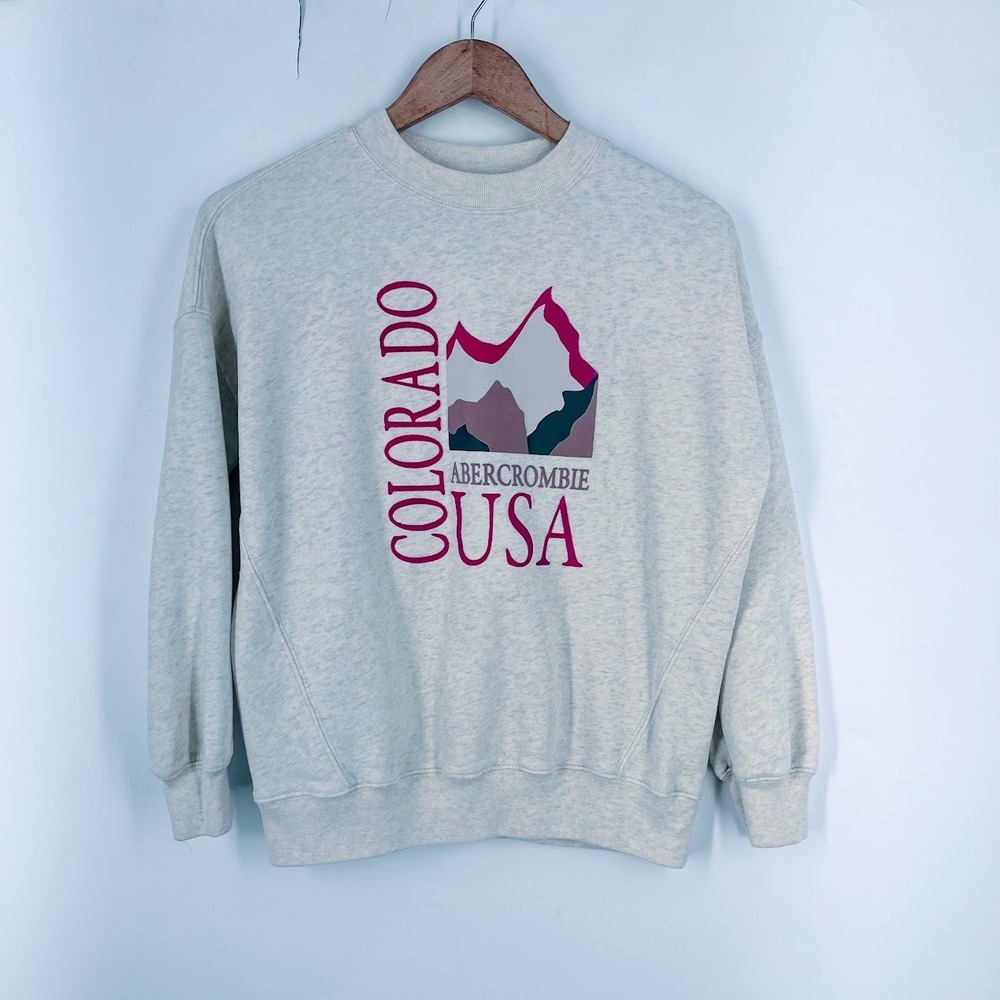 Abercrombie Kids Colorado USA Mountain Graphic Sweatshirt Oatmeal Heather 11/12